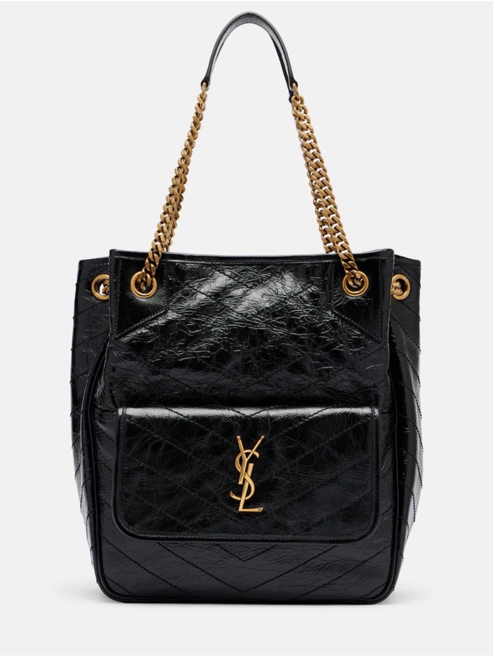 NWOT Saint Laurent Black Quilted Patent Leather Tote with Gold Chain Handles